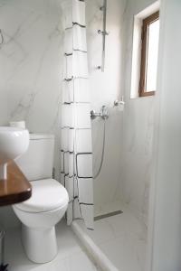 uma casa de banho branca com um WC e um chuveiro em Hotel Ballas em Agria