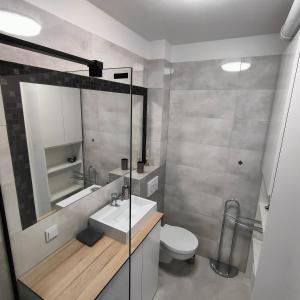 a bathroom with a sink and a toilet and a mirror at Apartament na Malczewskiego in Międzyrzecz