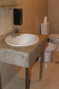 een badkamer met een wastafel en een toilet bij Alojamento Local Santa Cruz in Miranda do Douro