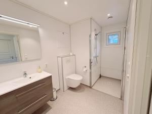 a bathroom with a toilet and a sink and a shower at Ropeid Villa Fjordferie in Ropeid