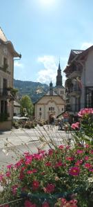 a town with flowers in the middle of a street at Le Flory'lège in Saint-Gervais-les-Bains