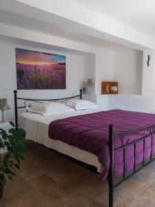 een slaapkamer met een groot bed en een paarse deken bij Etoilevacances Chambres d hotes Campagne en Lavande in Les Veyans
