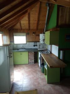 cocina con armarios verdes y techo de madera en Casa al Río en El Chalten
