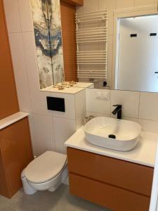 a bathroom with a white sink and a toilet at Lazur Park Kotwica in Gdańsk