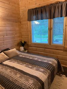 um quarto com uma cama e duas janelas em Holiday Home Amero purnu 1 em Kolinkylä