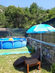 um guarda-chuva azul e um banco ao lado de uma piscina em Guest House Lazar Raykov em Ribarica