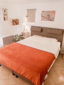een slaapkamer met een groot bed en een oranje deken bij Etoilevacances Chambres d hotes Campagne en Lavande in Les Veyans