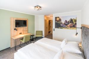 Schlafzimmer mit einem Bett, einem Schreibtisch und einem TV in der Unterkunft Hotel Schwan in Pottenstein