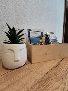 una planta sentada junto a una caja de madera con libros en Apart am Dorfplatz, en Kauns
