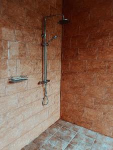 a shower stall with a shower head in a bathroom at Near the lake apartment with hot tub and sauna in Tõrva