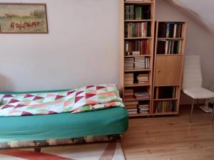 a living room with a couch and a book shelf at ROMANOWKA in Reda