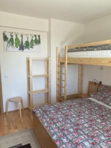 a bedroom with two bunk beds and a table at Apartmán Meluzína in Staré Hamry