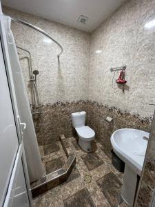 a bathroom with a shower and a toilet and a sink at Hotel Alley in Martvili