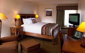 ピーチ・スプリングスにあるHualapai Lodgeのベッドとテレビが備わるホテルルームです。