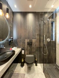 y baño con aseo, lavabo y ducha. en CRYSTAL CAVE Apartment, en Wieliczka