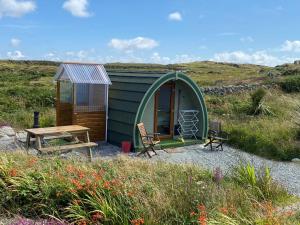 a green cabin with a picnic table and chairs at Earls View Pod in Carna