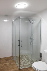 La salle de bains est pourvue d'une douche en verre et de toilettes. dans l'établissement Casa dos Copos - Drinks House, à Miranda do Corvo