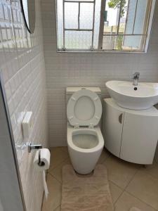 a bathroom with a toilet and a sink at The Hawks Bed and Breakfast in Harare