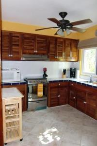 a kitchen with wooden cabinets and a ceiling fan at Beautiful Apartment with Terrace in Contadora