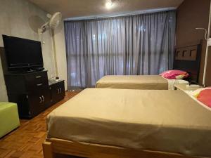 pokój hotelowy z 2 łóżkami i telewizorem z płaskim ekranem w obiekcie B&B México Roma Norte w mieście Meksyk