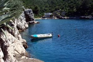 a boat in the water next to a rocky shore at Apartments by the sea Cove Pokrivenik, Hvar - 4604 in Gdinj