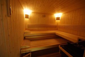 a sauna with two benches and two lights in it at Appartement Gästehaus Aloisia in Hippach