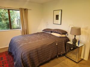 a bedroom with a bed and a lamp and a window at Five paddocks Tamahere in Tamahere