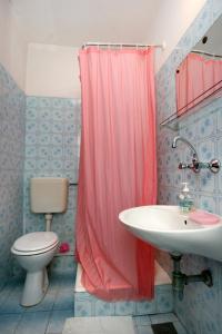 a bathroom with a pink shower curtain and a toilet at Apartments with a parking space Seline, Paklenica - 6628 in Starigrad