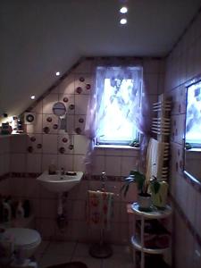 uma casa de banho com um lavatório e uma janela em Dom Pod Różą em Leśna