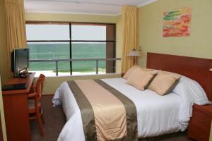 1 dormitorio con cama, escritorio y ventana en Hotel Florencia Suites & Apartments, en Antofagasta