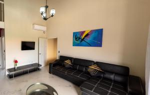 una sala de estar con sofá y una pintura en la pared en Elegant 2-bedroom apartment 2 km from Eagle beach en Palm-Eagle Beach