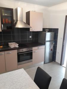 a kitchen with stainless steel appliances and black tiles at Apartment Blaca 4899e in Maranovići