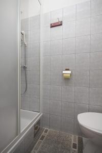 ein weißes Bad mit einer Dusche und einem WC in der Unterkunft Apartment Tucepi 6857a in Tučepi