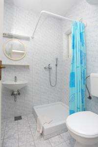 a bathroom with a shower and a toilet and a sink at Studio Tucepi 6695a in Tučepi