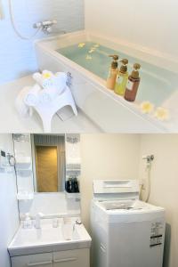 twee foto's van een badkamer met een bad en een wastafel bij Pine Hills Hotel Miyakojima in Miyako Island
