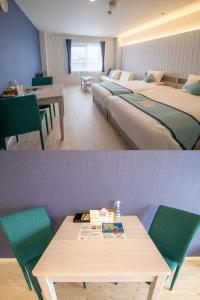 two pictures of a hotel room with beds and a table at Pine Hills Hotel Miyakojima in Miyako Island