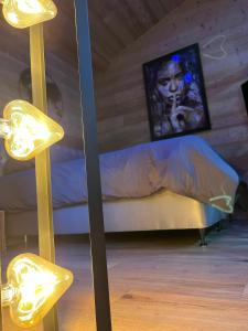 Zimmer mit einem Bett mit Beleuchtung vor einem TV in der Unterkunft Les Fermes de Manat gîte romantique avec piscine balnéo et sauna 