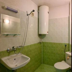 a green bathroom with a sink and a toilet at Sun House in Tryavna