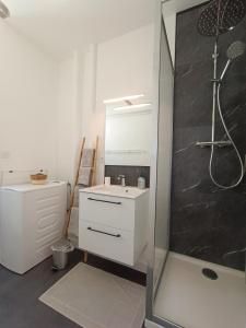 a bathroom with a white sink and a shower at L'Atelier d'Oscar in Le Havre