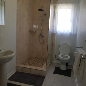 a bathroom with a shower with a toilet and a sink at Entsabeni Cottage in Big Bend