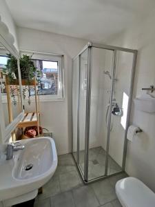 La salle de bains est pourvue d'une douche et d'un lavabo. dans l'établissement Haus Waltl, à St. Johann in Tirol