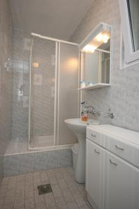 a bathroom with a shower and a sink and a toilet at Apartments by the sea Mandre, Pag - 6515 in Kolan