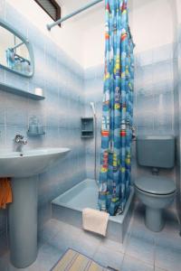 a bathroom with a toilet and a shower curtain at Apartments and rooms by the sea Starigrad, Paklenica - 6591 in Starigrad