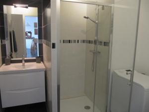 La salle de bains est pourvue d'une douche, de toilettes et d'un lavabo. dans l'établissement BIDART CENTRE et PLAGE A PIED, à Bidart