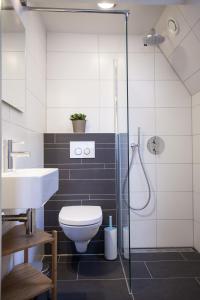 ein Bad mit einer Dusche, einem WC und einem Waschbecken in der Unterkunft Kuwadro Guesthouse Jordaan in Amsterdam
