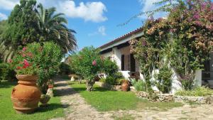 Un jardín con flores y plantas frente a una casa. en Villa La Liccia Misia, en Santa Teresa Gallura