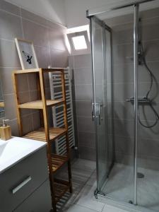 baño con ducha y puerta de cristal en Jolie maison de ville avec un extérieur au calme - Les Dragons de la Chamoiserie NIORT en Niort