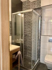 a bathroom with a glass shower and a toilet at THOMAS STUDIOS & APARTMENTS PARALIA in Paralia Katerinis