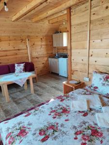 Habitación con cama y sofá en una cabaña en Markove kolibe 4, Uvac, en Sjenica