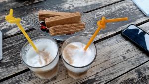 twee glazen milkshakes op een houten tafel bij Guest House Buba in Ushguli